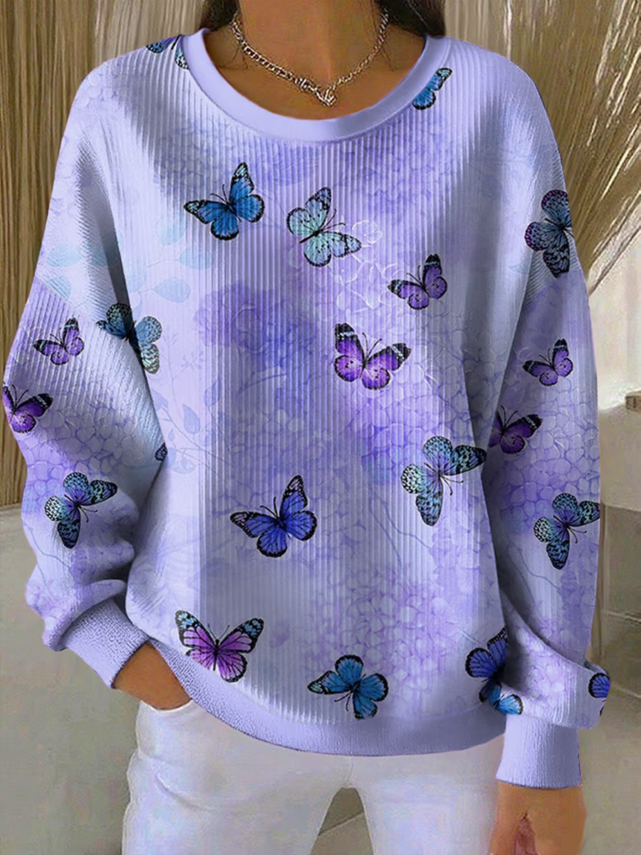 Women's Purple Butterfly Casual Print  Ribbed Round-Neck Sweatshirt