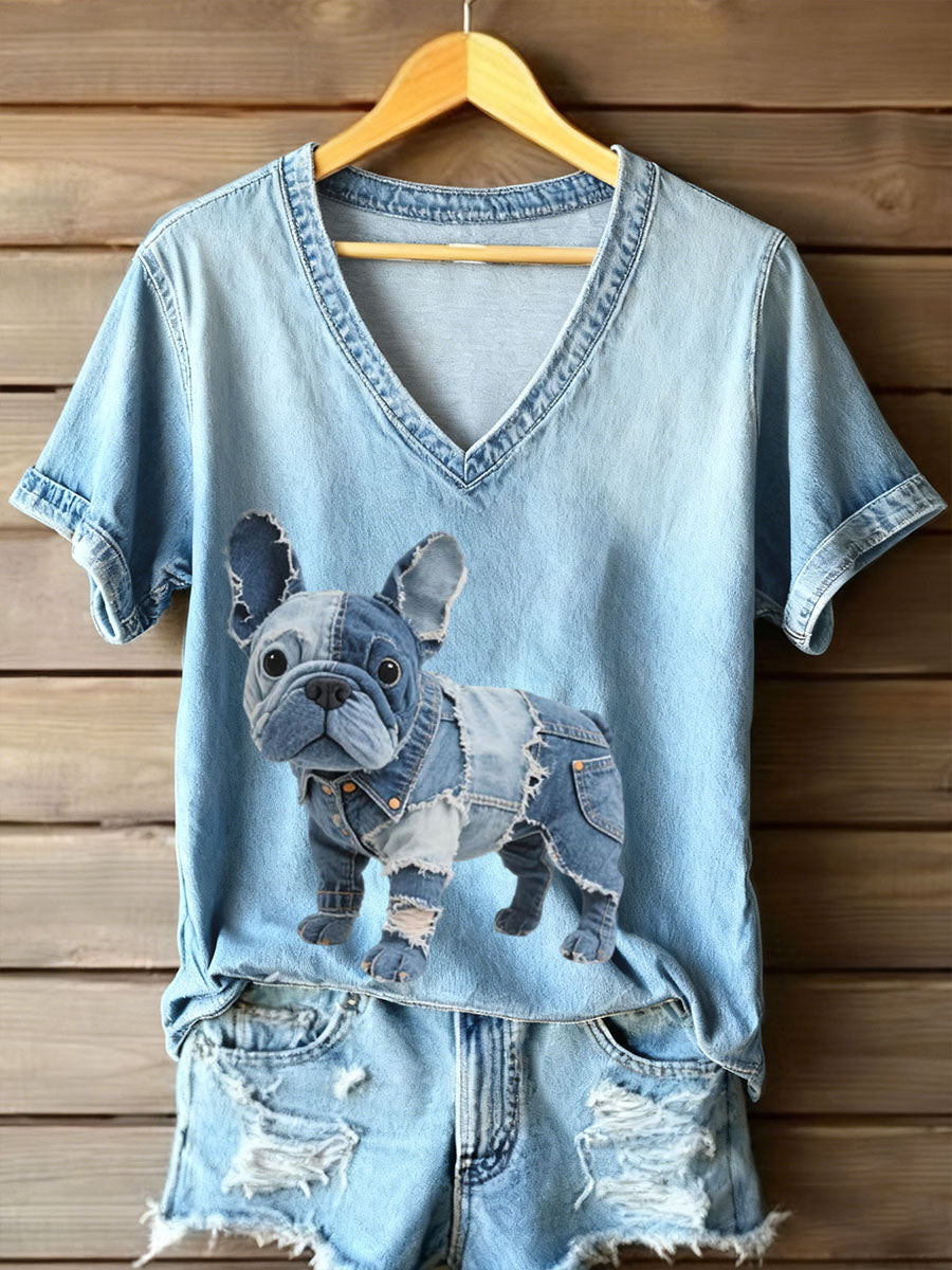 Women's Denim Patchwork Art French Bulldog Pattern V-Neck T-Shirt