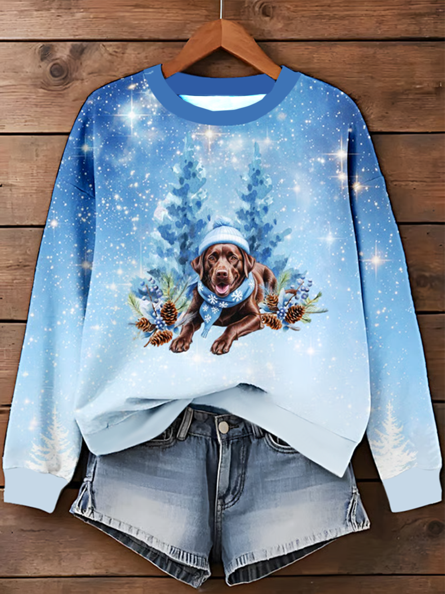 Women's Snowflake Dog Christmas Art Printed Sweatshirt