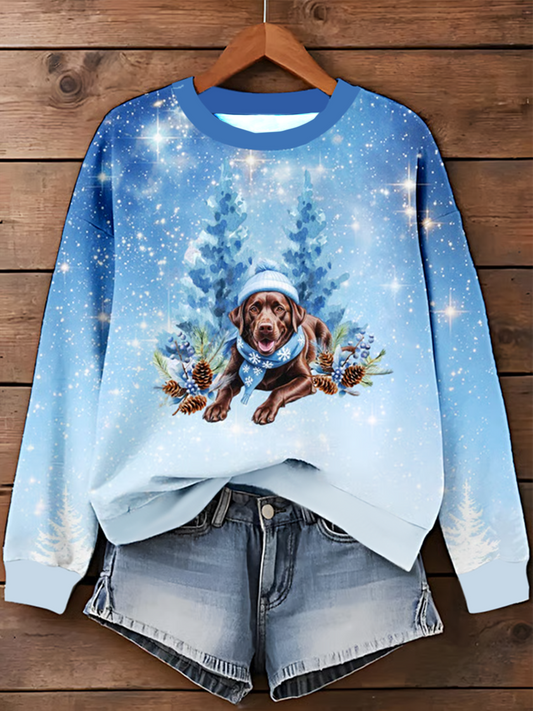 Women's Snowflake Dog Christmas Art Printed Sweatshirt