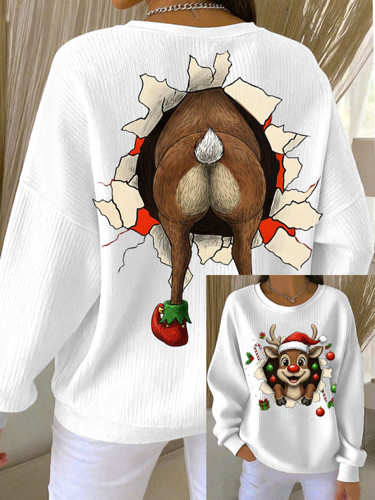 Women's Christmas Reindeer Ribbed Round-Neck Sweatshirt