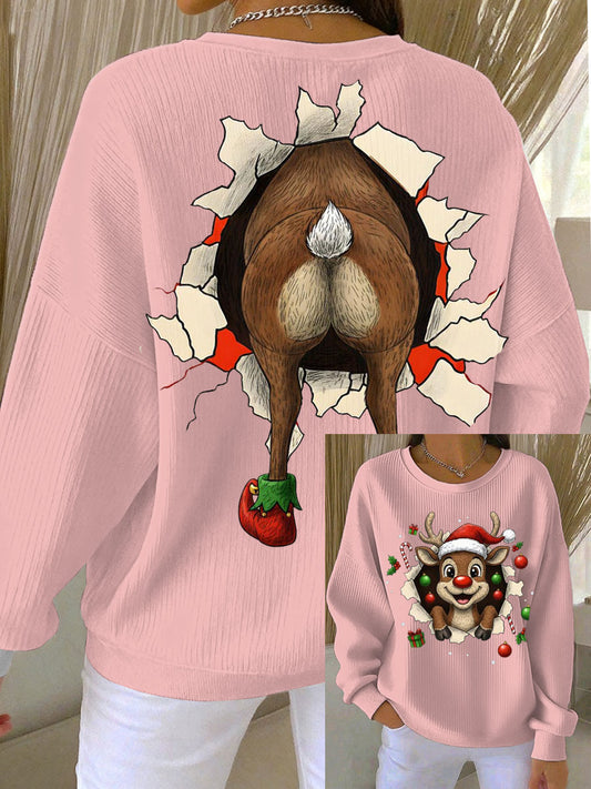 Women's Christmas Reindeer Ribbed Round-Neck Sweatshirt