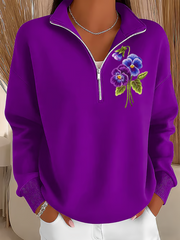 Women's Purple Art Design Printed Zipper Stand Collar Sweatshirt