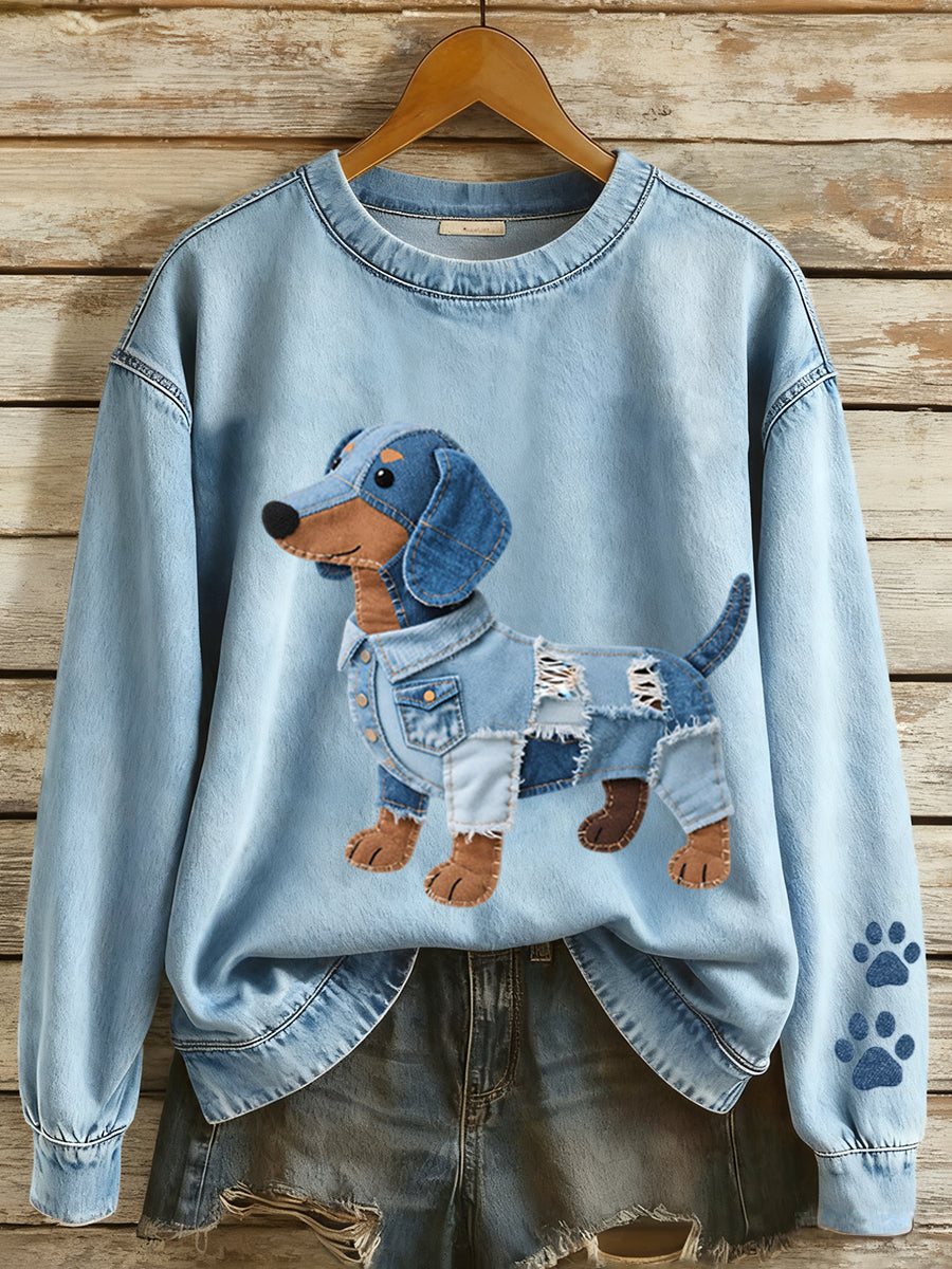 Women's Denim Patchwork Art Dachshund Pattern Sweatshirt
