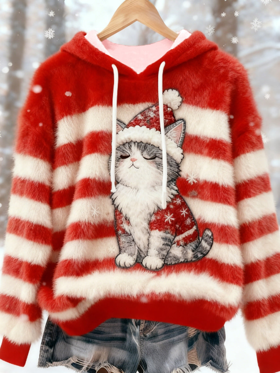 Women's Women's Christmas  Cute Cat Flannel Hoodie Flannel Hoodie