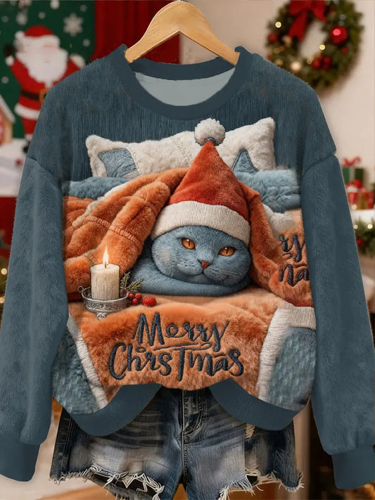 Women's Christmas  Cute Cat Pattern Flannel Hoodie