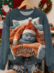 Women's Christmas  Cute Cat Pattern Flannel Hoodie