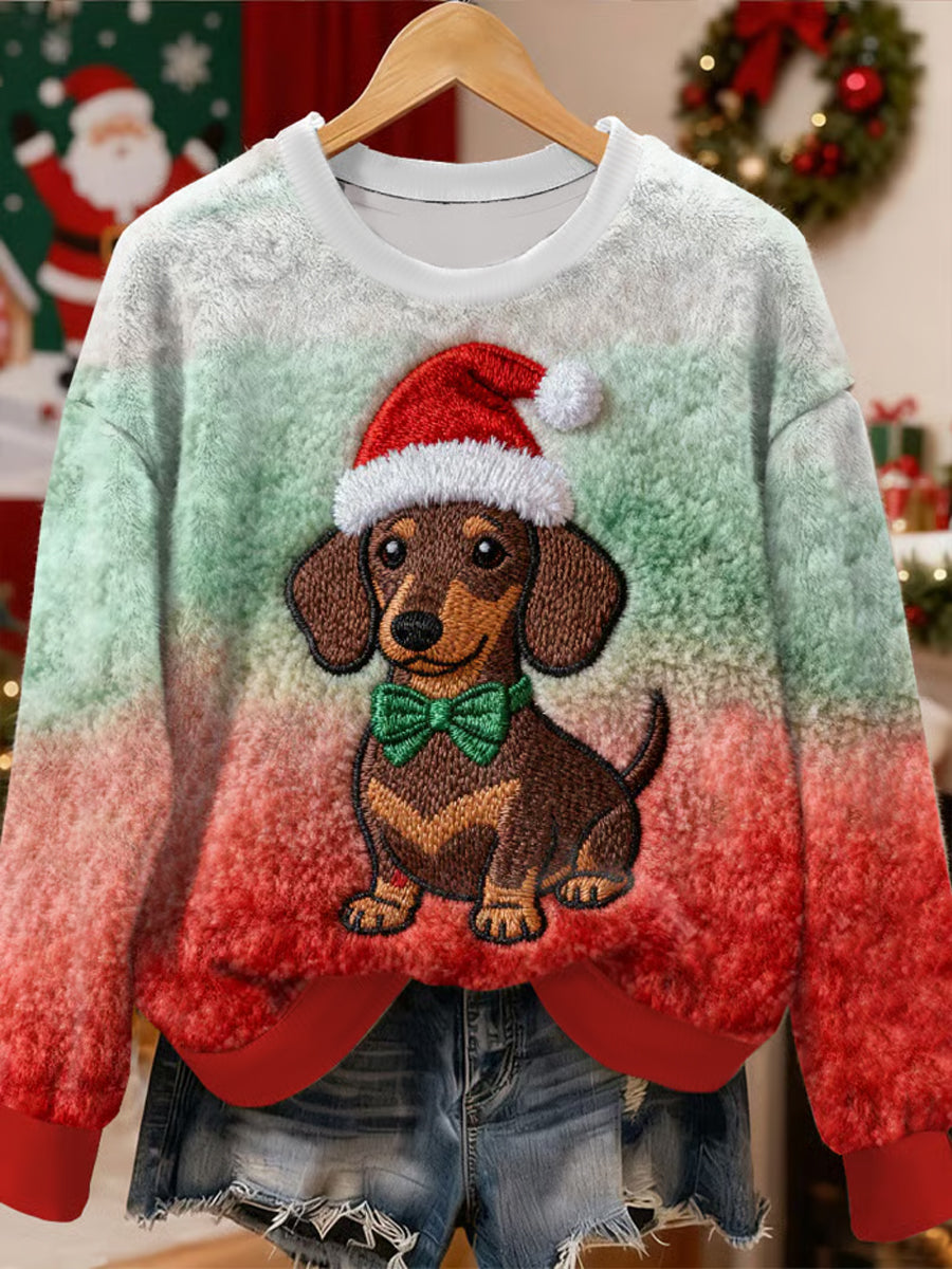 Women's Christmas Cute Dog Pattern Flannel Hoodie