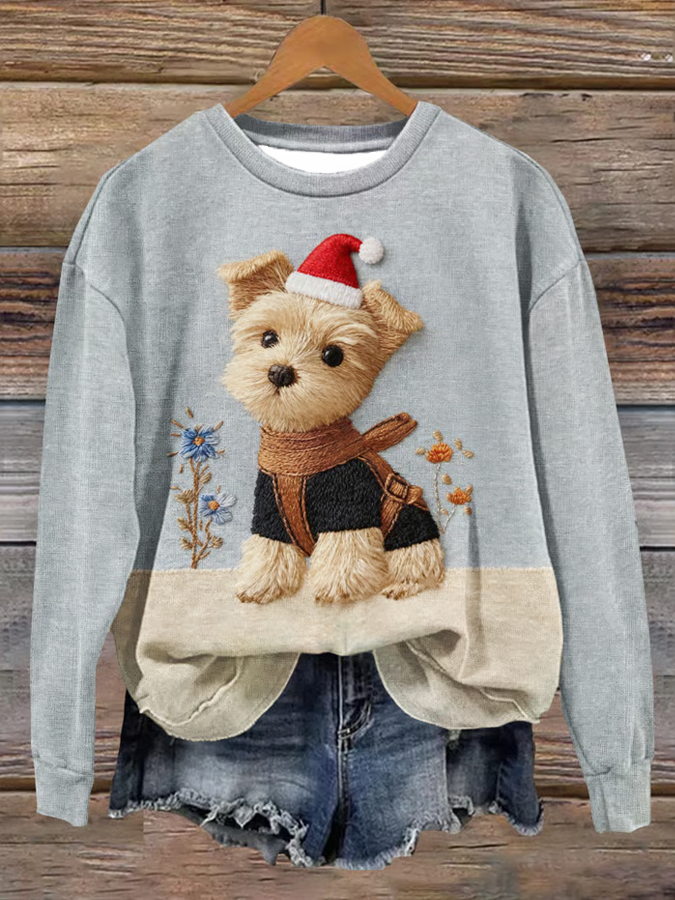 Women's Cute Dog Christmas Art Printed Regular Sweatshirt