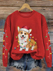 Women's Christmas Lights Corgi Print Casual Sweatshirt