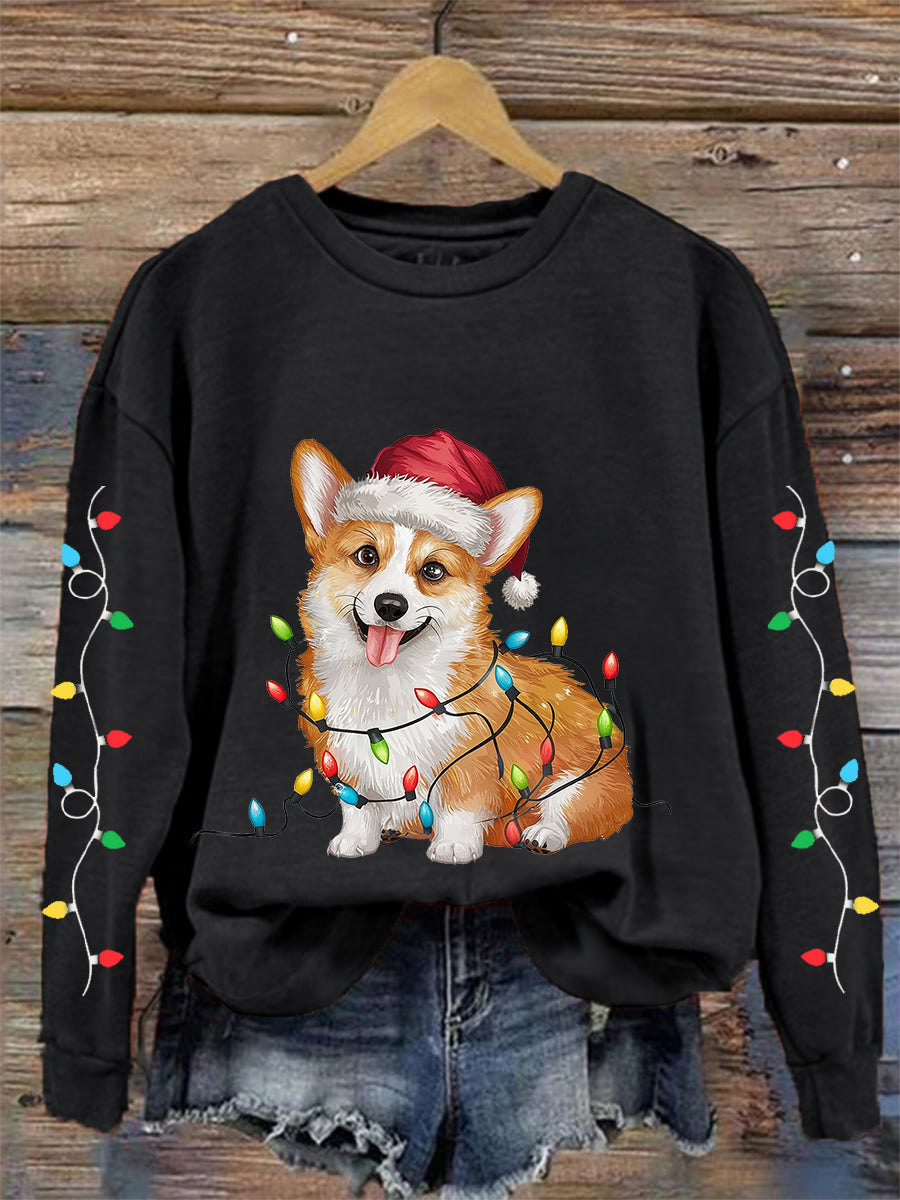 Women's Christmas Lights Corgi Print Casual Sweatshirt