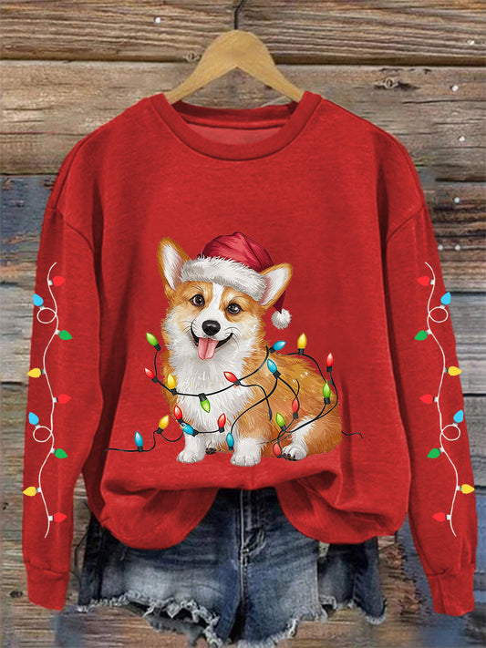 Women's Christmas Lights Corgi Print Casual Sweatshirt
