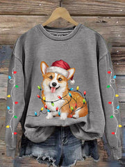 Women's Christmas Lights Corgi Print Casual Sweatshirt