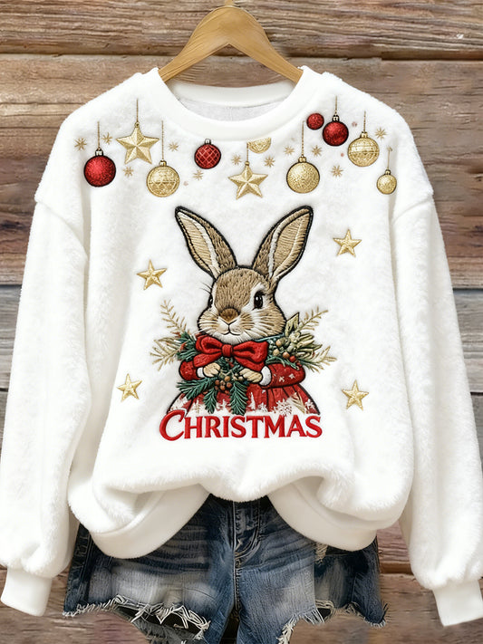 Women's Cute Christmas Rabbit Flannel Hoodie