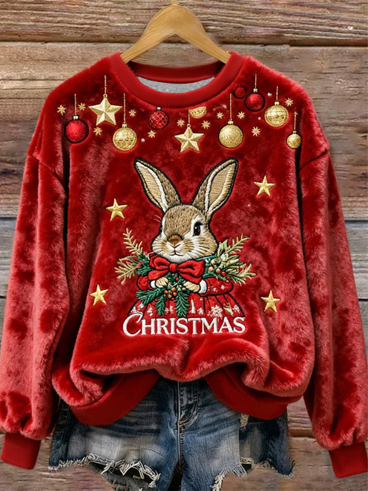 Women's Cute Christmas Rabbit Flannel Hoodie
