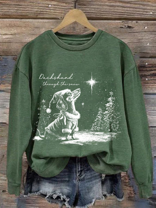 Women's Christmas Dachshund Through The Snow Print Casual Sweatshirt