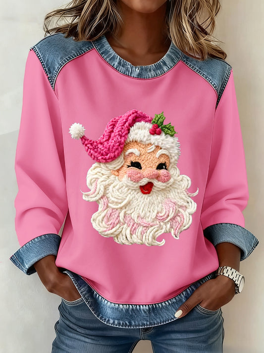 Women's Latch Hook Yarn Crochet Santa Denim Patchwork Top