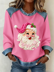 Women's Latch Hook Yarn Crochet Santa Denim Patchwork Top