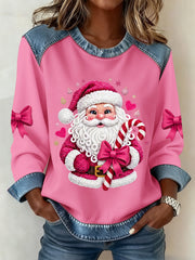 Women's Merry Christmas Retro Pink Yarn Crochet Santa Claus  Denim Patchwork Top