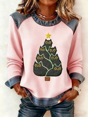 Women's Cute Cat Christmas Tree  Denim Patchwork Top