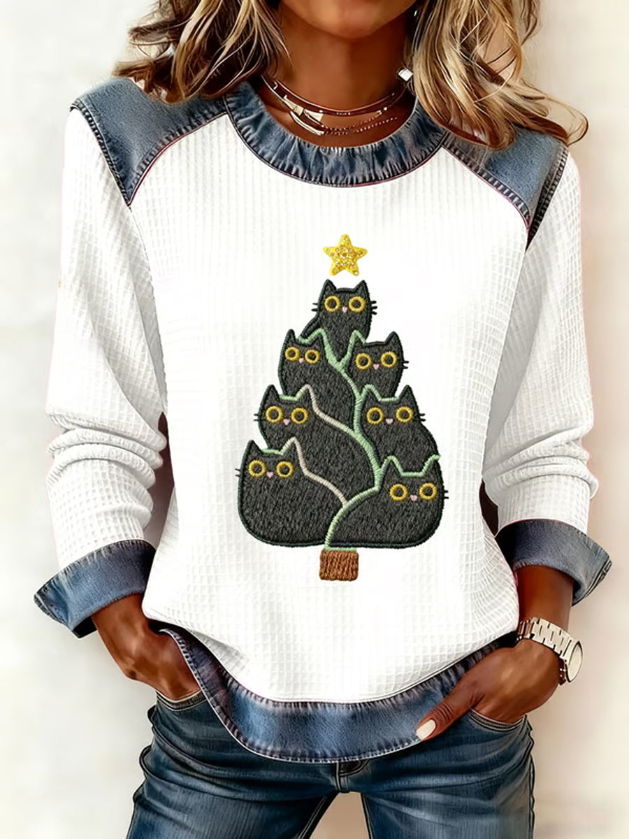 Women's Cute Cat Christmas Tree  Denim Patchwork Top