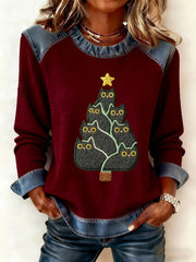 Women's Cute Cat Christmas Tree  Denim Patchwork Top