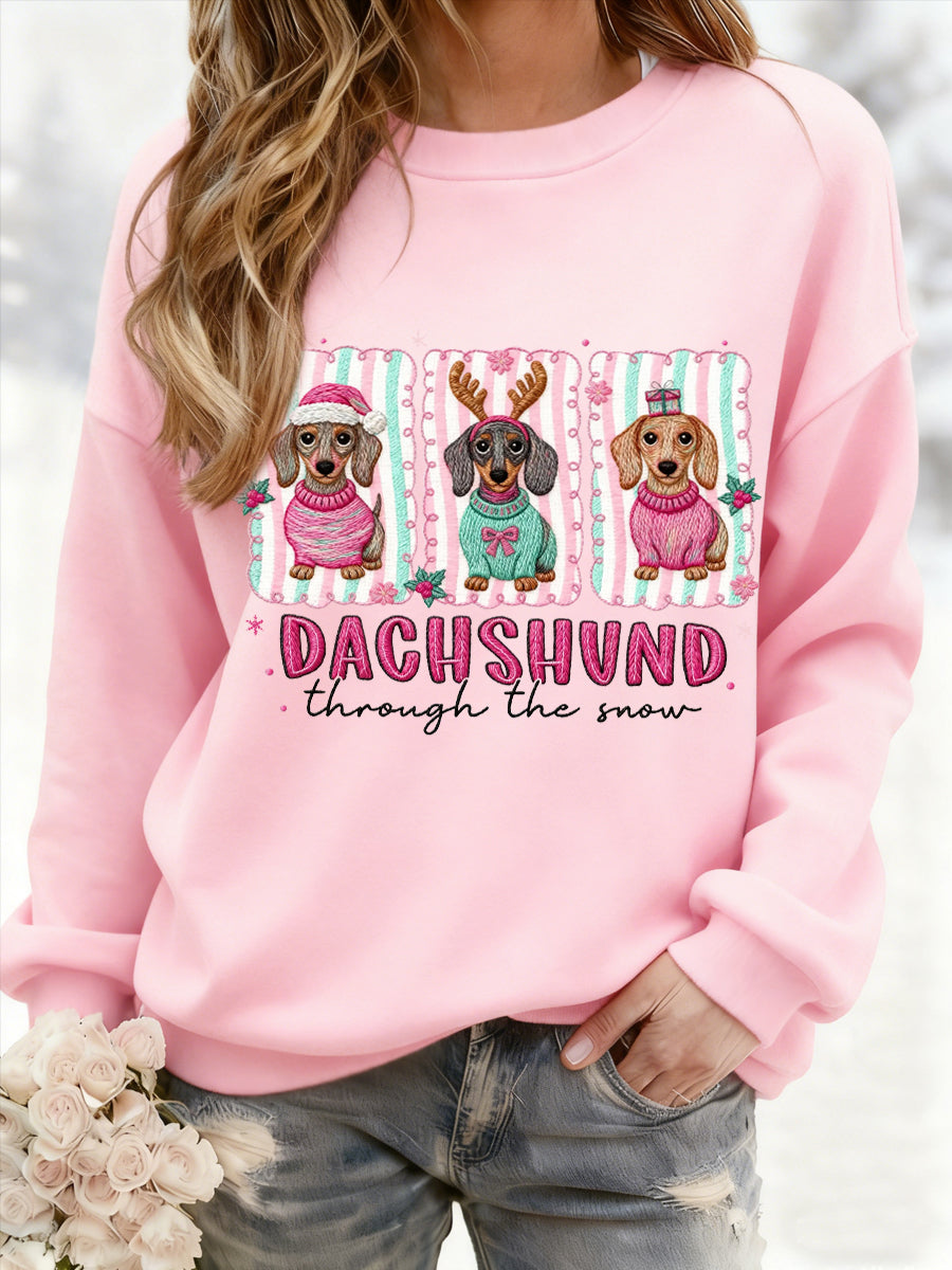 Women's Christmas Dachshund Through The Snow Print Casual Sweatshirt