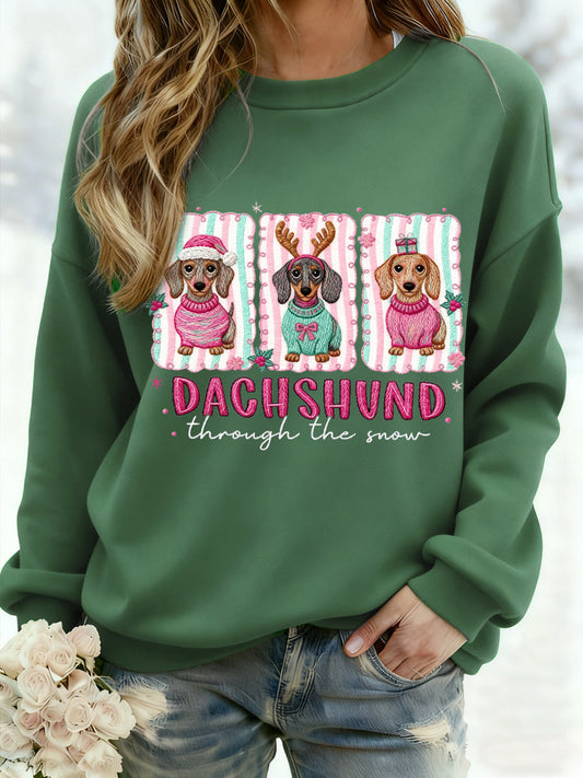 Women's Christmas Dachshund Through The Snow Print Casual Sweatshirt