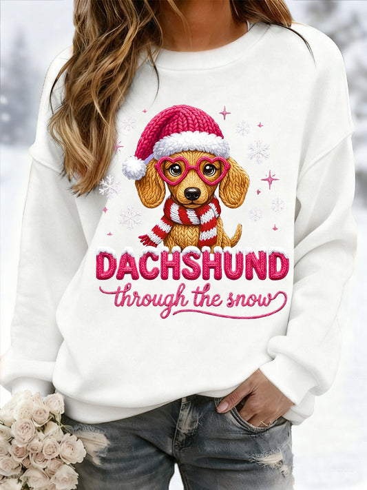 Women's Christmas Dachshund Through The Snow Print Casual Sweatshirt
