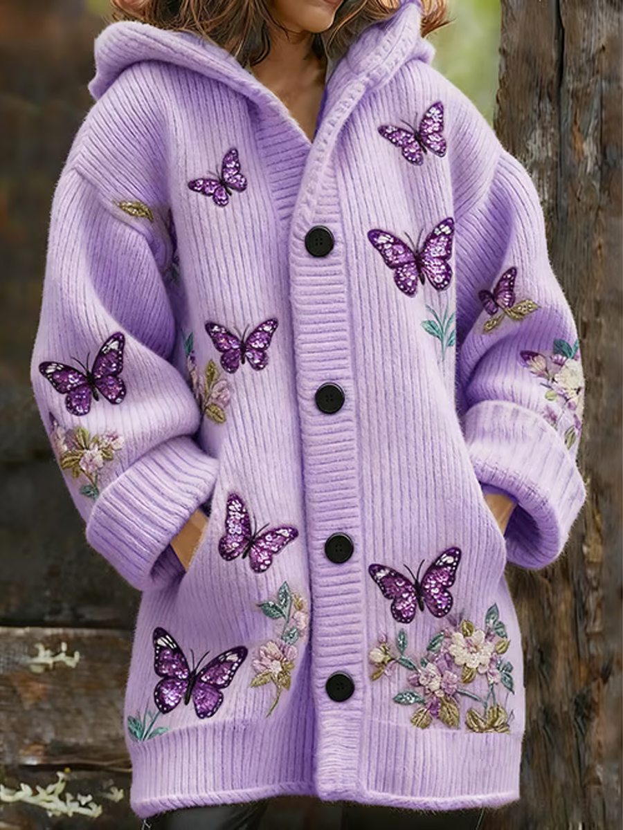 Women's Casual Retro Purple Floral Butterfly Art Composite Fleece Long Coat
