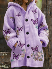Women's Casual Retro Purple Floral Butterfly Art Composite Fleece Long Coat