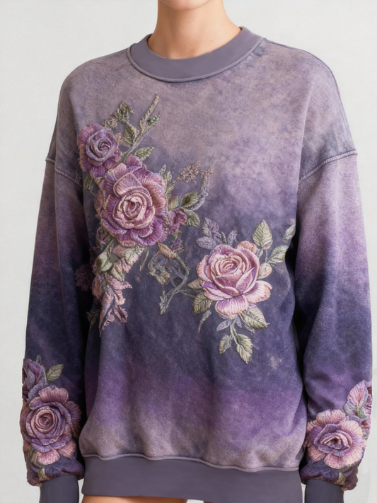 Women's Casual Purple Floral  Regular Sweatshirt