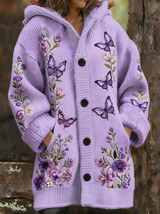 Women's Retro Purple Butterfly and Floral Print Composite Fleece Long Coat