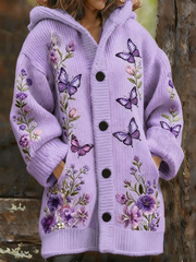Women's Retro Purple Butterfly and Floral Print Composite Fleece Long Coat
