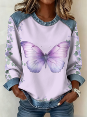 Women's Purple Floral Butterfly Pattern Cozy Denim Patchwork Top