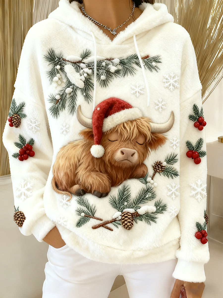 Women's Christmas Cute Highland Cattle Flannel Hoodie