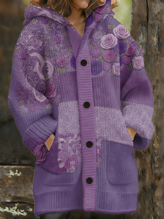 Women's Retro Purple Printed Composite Fleece Long Coat