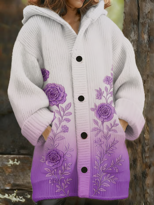 Women's Retro Purple Printed Composite Fleece Long Coat