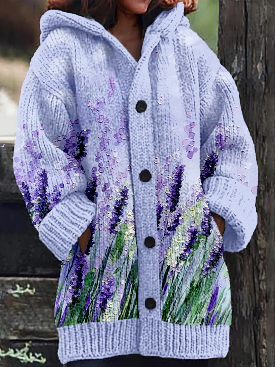 Women's Lavender Painting Art Composite Fleece Long Coat