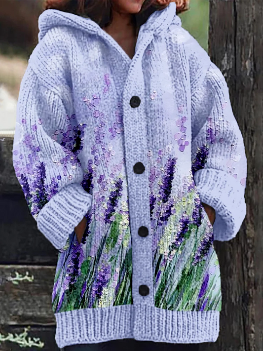 Women's Lavender Painting Art Composite Fleece Long Coat
