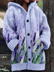 Women's Lavender Painting Art Composite Fleece Long Coat