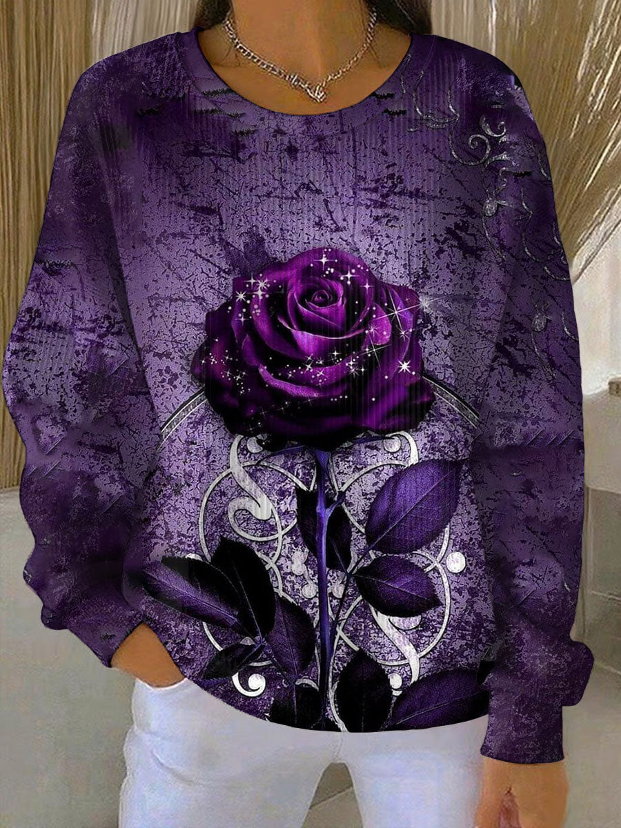 Women's Purple Floral Printed Ribbed Round-Neck Sweatshirt