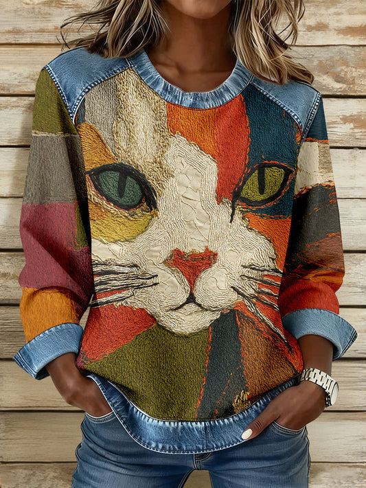 Women's Art Geometric Cat Print Tops