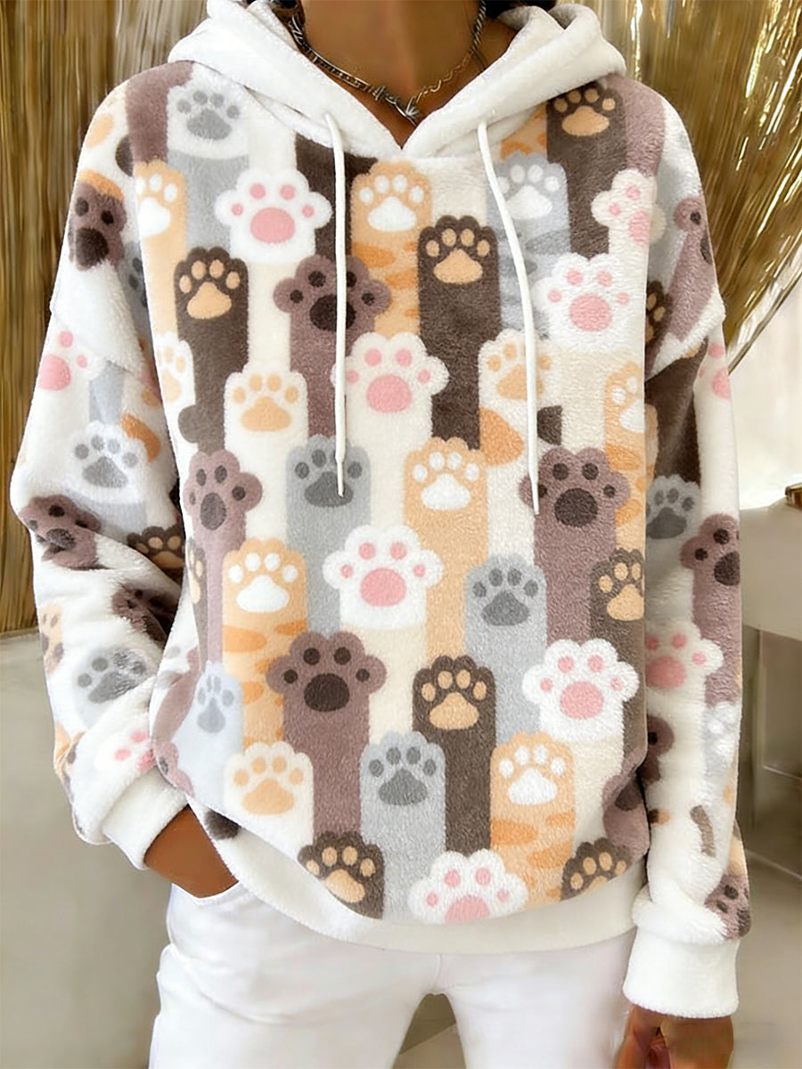 Women's Cute  Cat Art Print Casual Flannel Hoodie