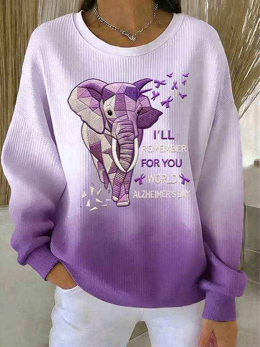 Women's Casual Alzheimer's Awareness Printed Ribbed Round-Neck Sweatshirt