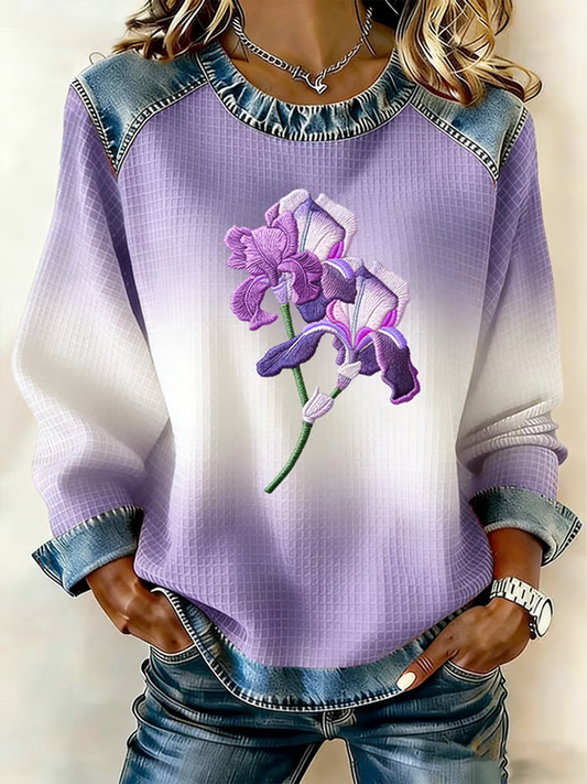 Women's Purple Floral Alzheimer's Disease Awareness Denim Patchwork Waffle Texture Sweatshirt