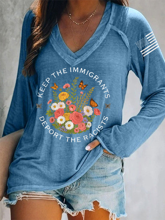 Women's Keep The Immigrants Deport The Racists ICE Out! V-Neck Long-Sleeve T-Shirt