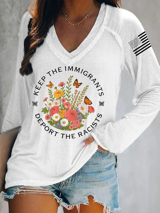 Women's Keep The Immigrants Deport The Racists ICE Out! V-Neck Long-Sleeve T-Shirt