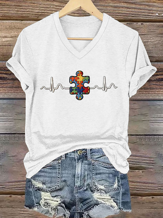 Women's Autism Awareness Print Iron On Short Sleeve T-Shirt