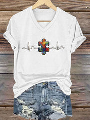 Women's Autism Awareness Print Iron On Short Sleeve T-Shirt